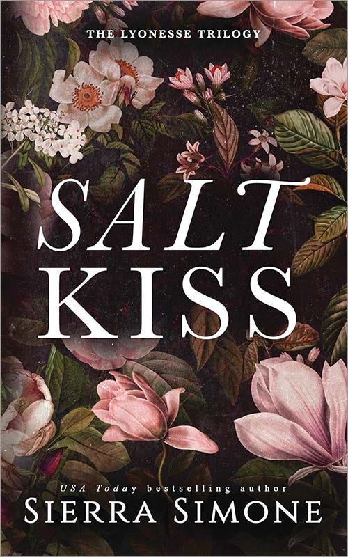 Salt Kiss cover - black background with mutlitple white flowers and green foliage 