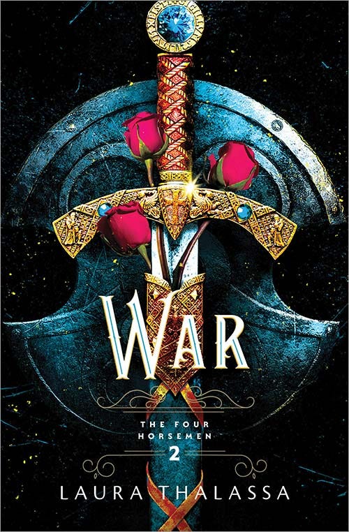 War cover - A battle worn metal shild behind an ornate sword of gold and jewels with three roses coming out of the sheath