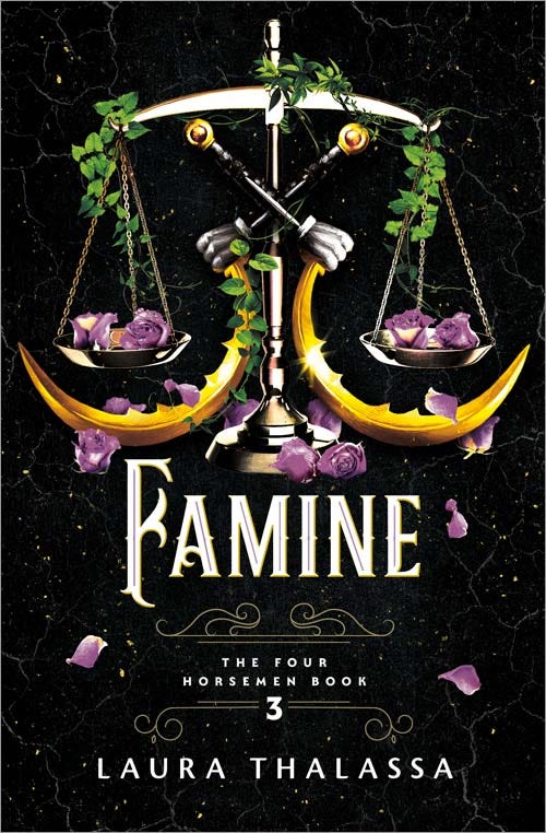 Famine cover - A silver scale with green leaves flowing down to the plates, which have pink roses upon them
