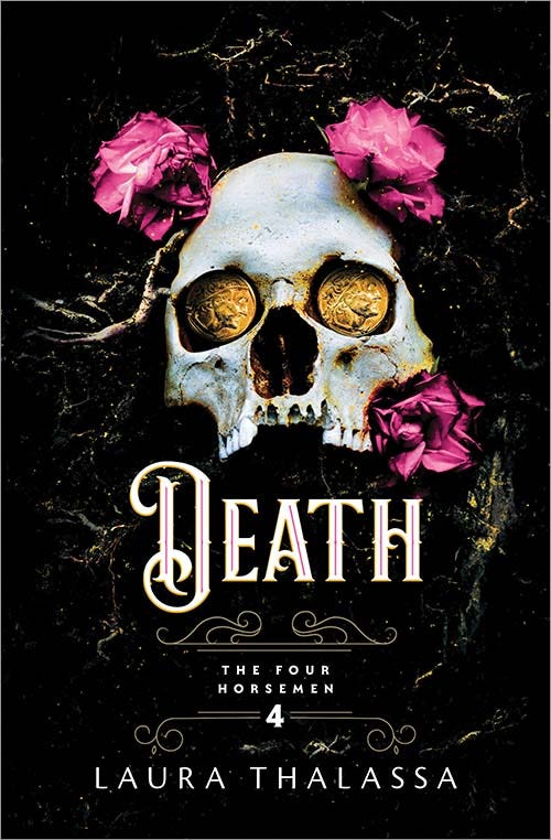 Death cover - The top part of a skull in dirt and roots, broken teeth, gold coins in the eyes, 3 drying flowers surround it