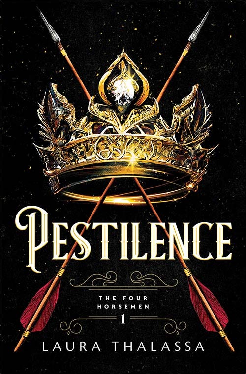 Pestilence cover - Ornate crown with jeweled center, two arrows crossed through the middle